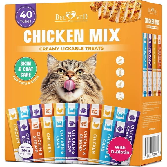 Beloved Pets Creamy Lickable Cat Treats & Wet Food Squeeze Tubes – Liquid Kitten Snacks, Skin & Coat Support, Vitamin-Enriched Treats for Cats & Small Dogs, Lick Up 40 Chicken Mix