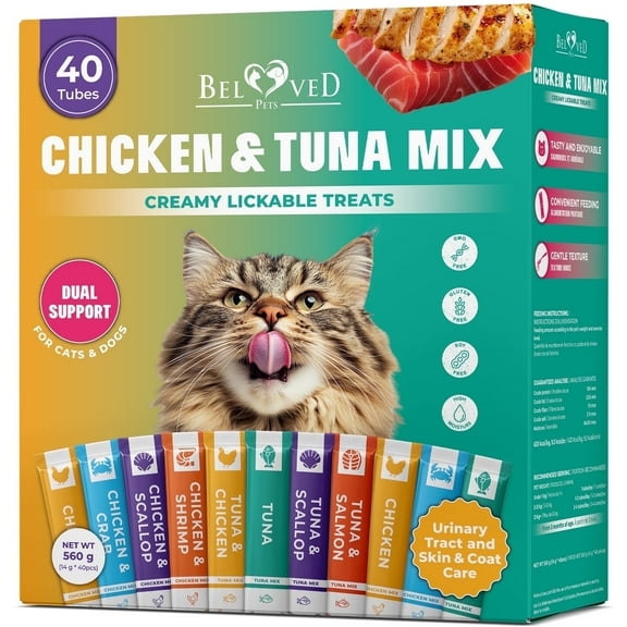 Creamy Lickable Cat Treats & Wet Food Squeeze Tubes – Liquid Kitten Snacks, Urinary Tract Care, Skin & Coat Health, Multivitamin Treats for Cats, & Small Dogs, Lick Up 40 Sticks Tuna + Chicken Mix