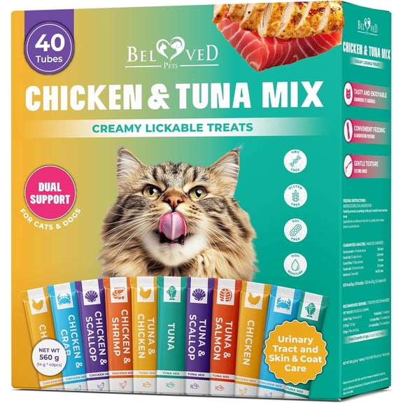 Creamy Lickable Cat Treats & Wet Food Squeeze Tubes – Liquid Kitten Snacks for Skin & Coat Health, Multivitamin Treats for Cats & Small Dogs, Lick Up 40 Sticks Tuna + Chicken Mix