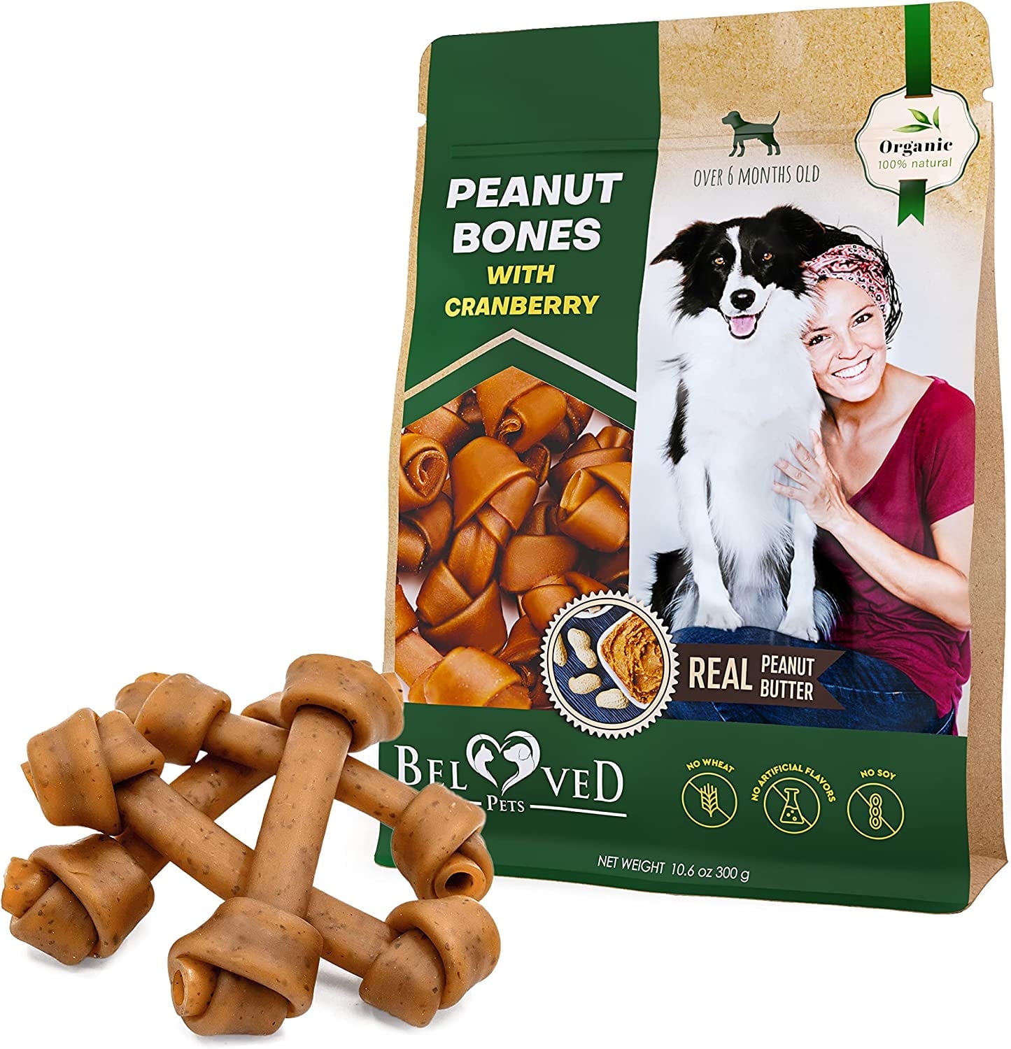 Beloved Pets Dog Peanut Butter Bones with Cranberry & Rawhide Free Chew Treats - Pet Natural Mini & Big Organic Snacks Healthy Collagen & Bulk Best Chews for Training Small & Large Dogs - Lab Tested