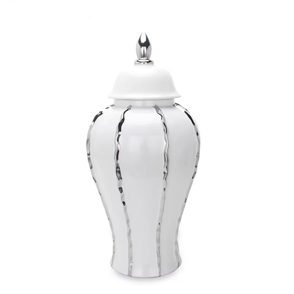 Beloved White Ceramic Ginger Jar with Silver Accent and Lid