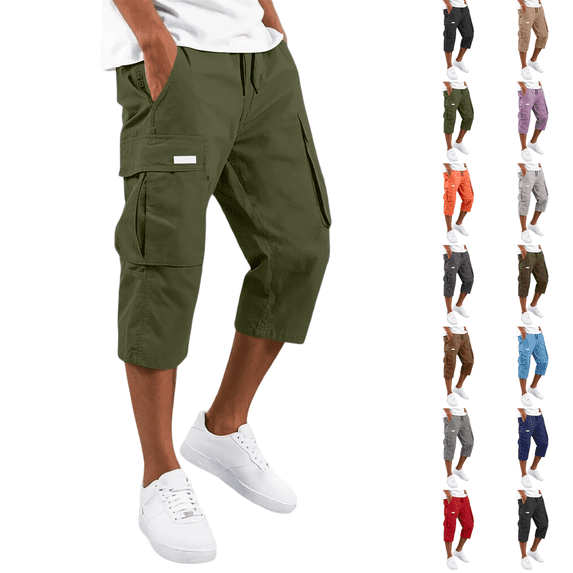 Below The Knee Shorts for Men Corduroy Long Cargo Shorts Casual 3/4 Length Sweat Capris with Pockets Army Green S