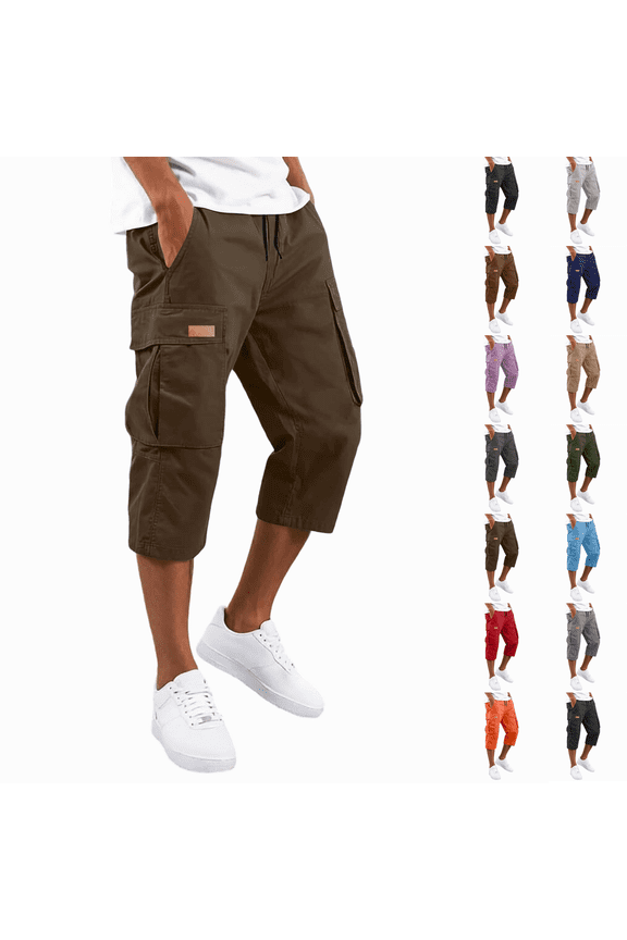 Below The Knee Shorts for Men Corduroy Long Cargo Shorts Casual 3/4 Length Sweat Capris with Pockets Brown S