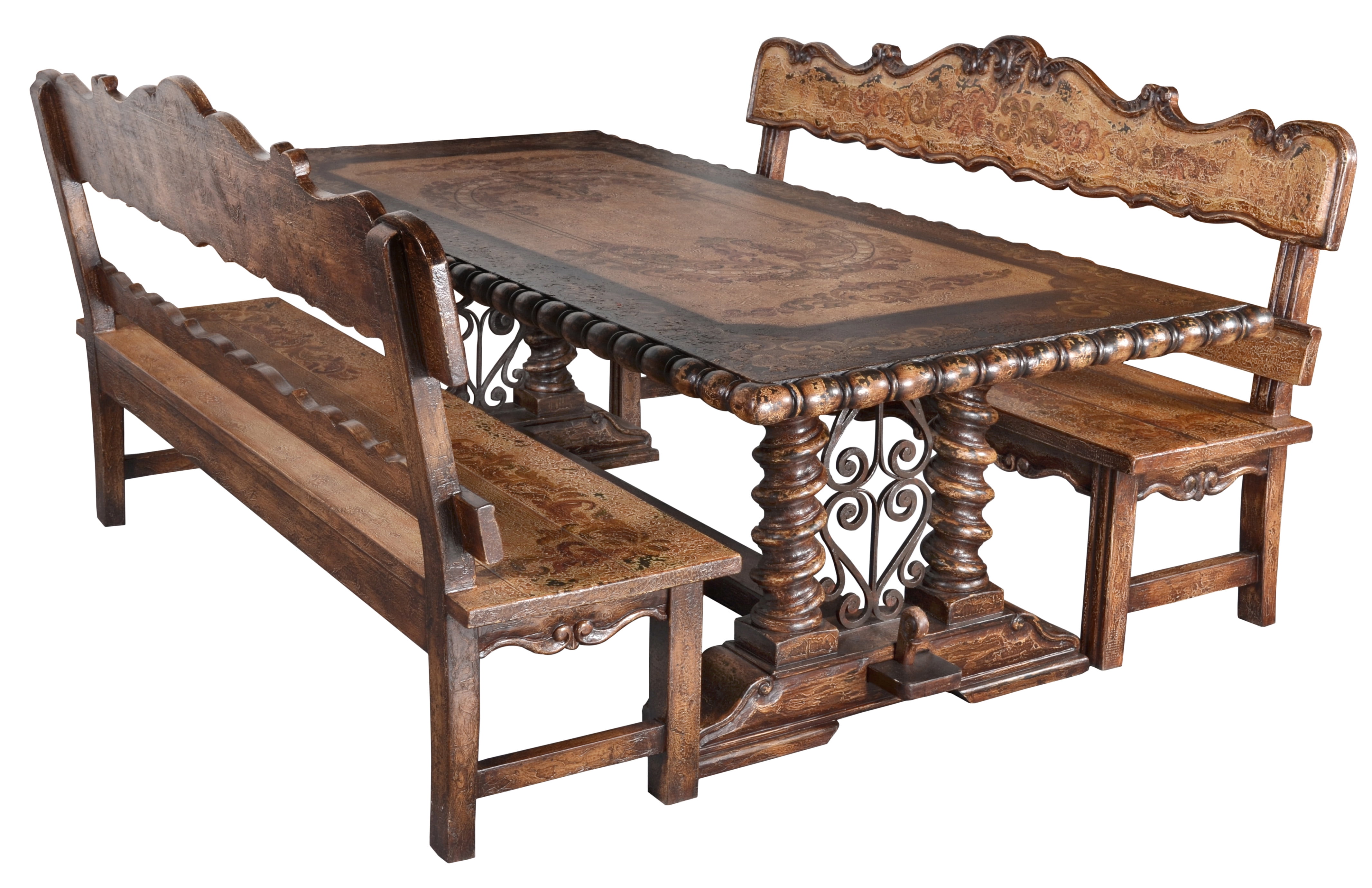 Belruse Spanish-Influenced Mahogany Dining Table Set with Benches