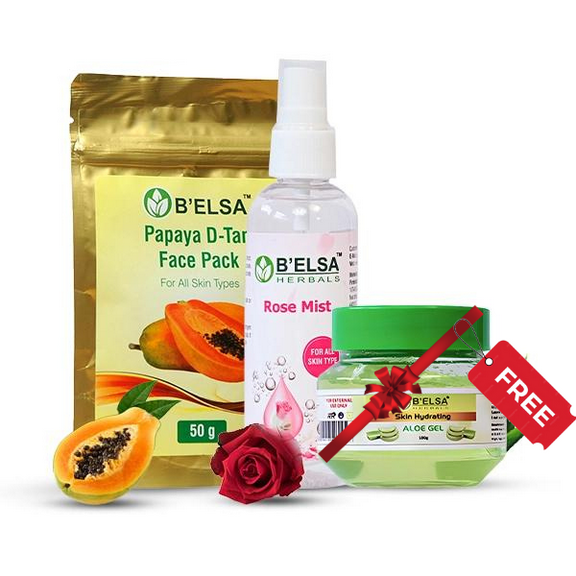 Belsa Herbals- Papaya D-Tan Face Pack With Rose Mist And Free Aloe Gel- Give Tan Free Skin -Cooling Effect And Keep Skin Hydrate