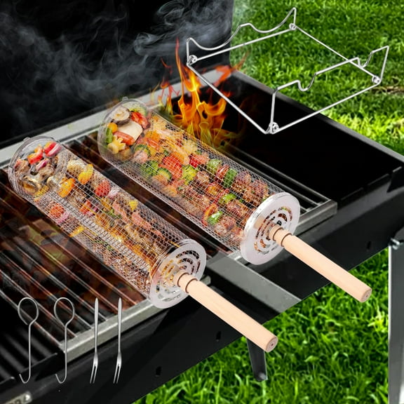 Belsands 360 Rotating Grill Baskets (2-Pack) - Dual Nested Sizes 5" & 4" 304 Stainless Steel BBQ Cage w/ Removable Wood Handle | for Veggies, Seafood, Meat | Camping Gift for Men & Grill Masters