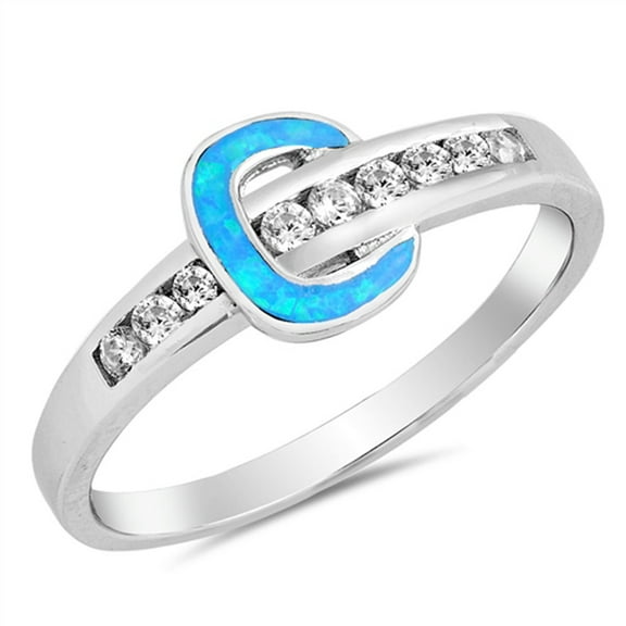 Belt Buckle Clear CZ Blue Simulated Opal Ring .925 Sterling Silver Band White Female Size 4