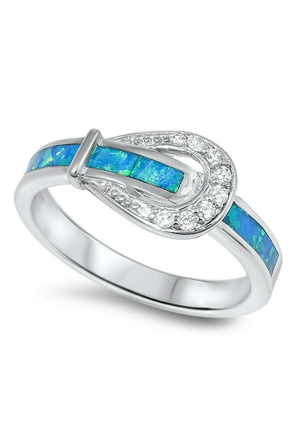 Belt Buckle Design Clear CZ Blue Simulated Opal Ring .925 Sterling Silver White Female Size 8