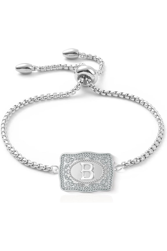 Belt Buckle Initial Bracelet for Women, 18K Silver Plated Belt Buckle Bracelet Unique Western Style Jewelry Gifts