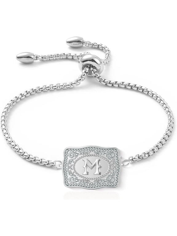 Belt Buckle Initial Bracelet for Women, 18K Silver Plated Belt Buckle Bracelet Unique Western Style Jewelry Gifts