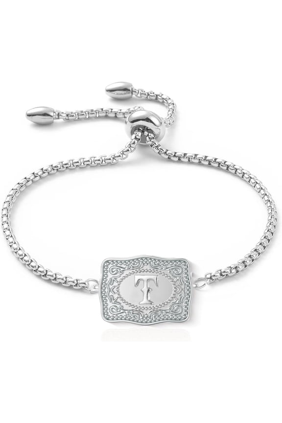 Belt Buckle Initial Bracelet for Women, 18K Silver Plated Belt Buckle Bracelet Unique Western Style Jewelry Gifts