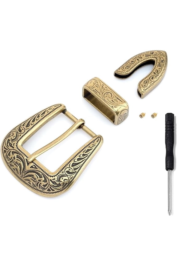 Belt Buckle Set, 3-Piece Antique Finish, 30mm Width, Engraved Metal Floral Design HRBK QCB14 (Antique Brass)