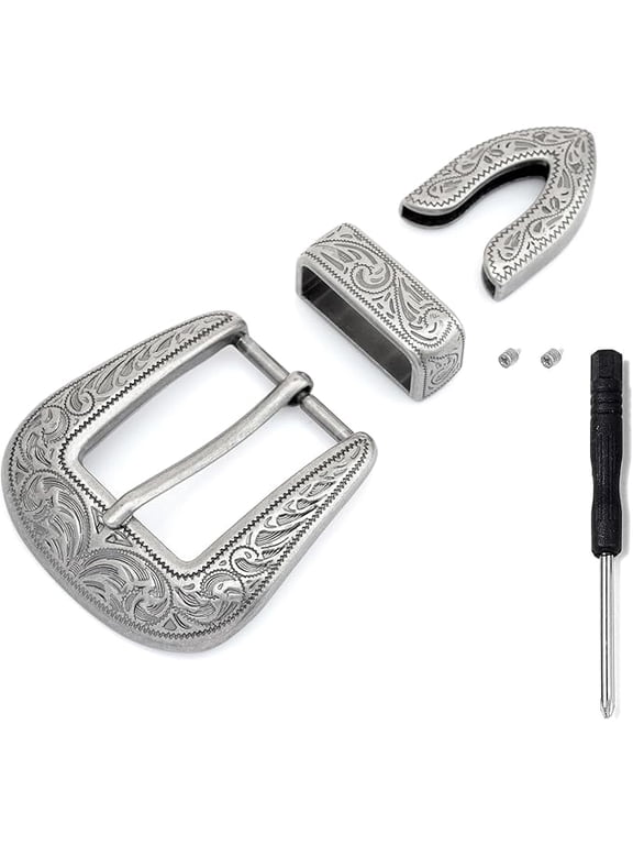 Belt Buckle Set, 3-Piece Antique Finish, 30mm Width, Engraved Metal Floral Design HRBK QCB14 (Antique Silver)