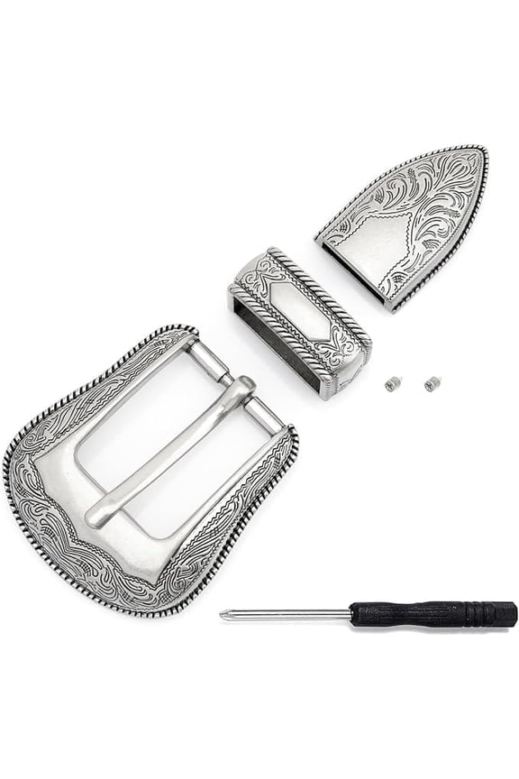 Belt Buckle Set – 3-Piece Engraved Metal Floral Design Belt Buckle Set HRBK CY78 (Antique Silver, 3/4 Inch (19mm))