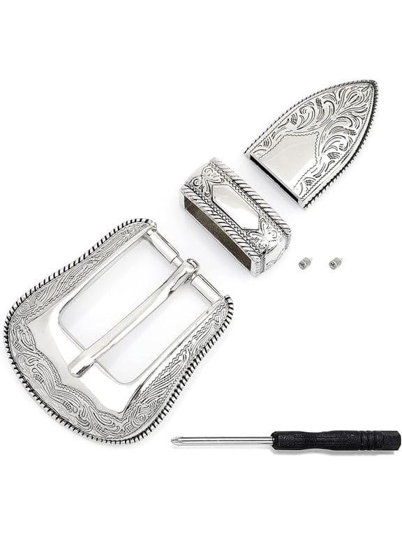 Belt Buckle Set – 3-Piece Engraved Metal Floral Design Belt Buckle Set HRBK CY78 (Silver w/Black Line, 1 Inch (25mm))