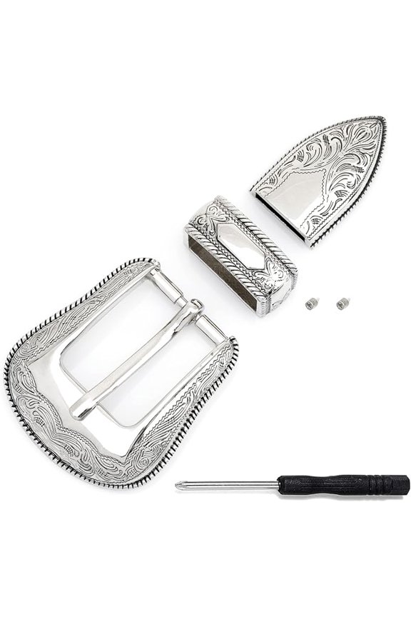 Belt Buckle Set – 3-Piece Engraved Metal Floral Design Belt Buckle Set HRBK CY78 (Silver w/Black Line, 3/4 Inch (19mm))