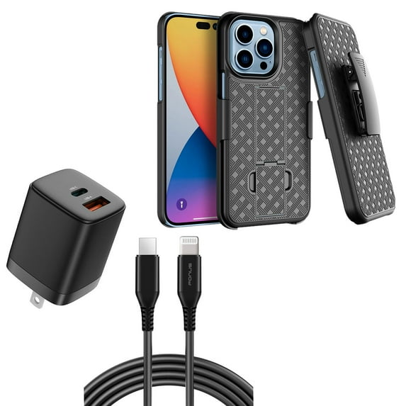 Belt Clip Case and Fast Home Charger Combo for iPhone 14 Pro Max - Swivel Holster PD Type-C Power Adapter 6ft Long USB-C Cable Kickstand Cover 2-Port Quick Charge