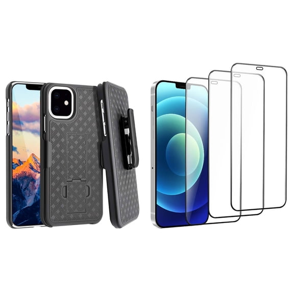 Belt Clip Case and 3 Pack Screen Protector Compatible With iPhone 11 Pro Max - Swivel Holster Ceramics Kickstand Cover Matte 3D Curved Edge
