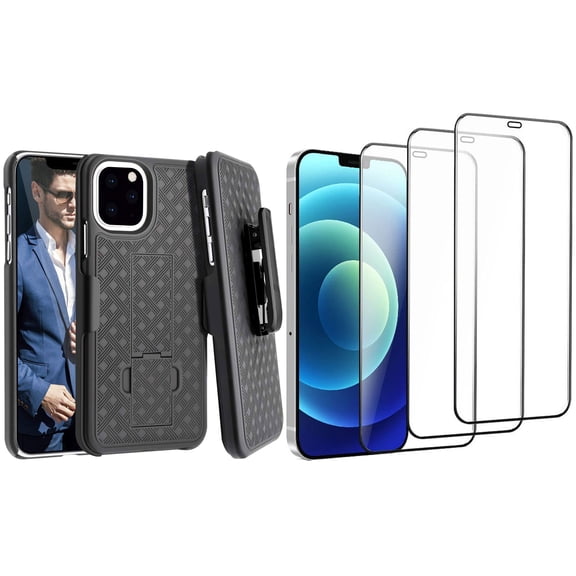 Belt Clip Case and 3 Pack Screen Protector Compatible With iPhone 11 Pro - Swivel Holster Ceramics Kickstand Cover Matte 3D Curved Edge