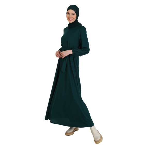 Belt Detailed Modest Dress Emerald Green