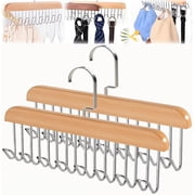 Belt Hanger, 2 Pack Anti Slip Multifunctional Coat Hanger Hooks Space Saving Hangers Tie Rack with 8 Hooks Wooden Closet Hanging Storage Organiser for Scarf Bra Ties Swimsuith