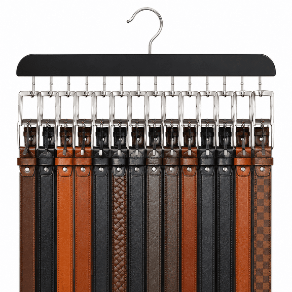 Belt Hanger for Closet, Sturdy Wood Belt Rack Closet Accessories with 14 Hooks Belt Organizer for Closet Organizers and Storage Max 42 Belts-Black 2 Pack