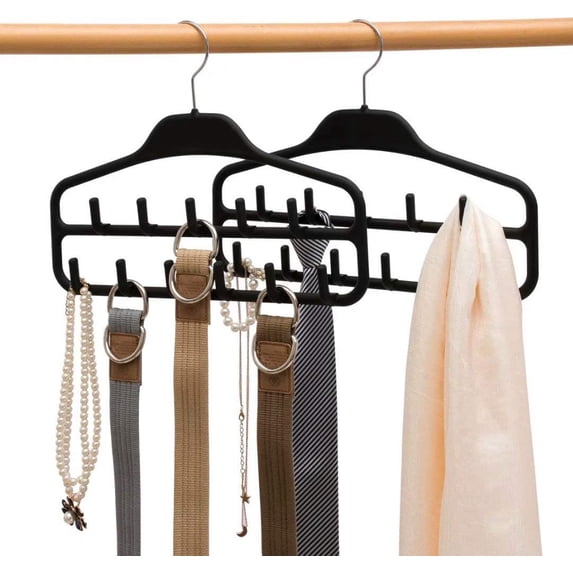 Belt Hanger Rack Holder 2 Pack, Sturdy Belt Organizer with 360 Degree Swivel, 11 Large Belt Hooks for Closet, Non Slip Rubberized Belt Storage, Black,14 x 0.39 x 11inch