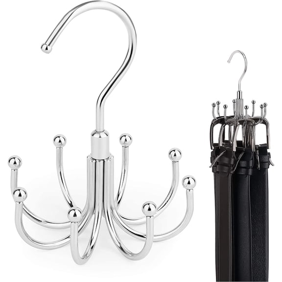Belt Hanger, Rotatable Belt Rack Closet Accessories Organizer, Maximum 24 Storage Capacity, Hanging Holder Storage Hook for Belt, Bra, Tank Top, Tie, Scarf, Purse, Silver