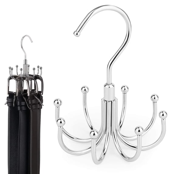 Belt Hanger, Rotatable Belt Rack Closet Accessories Organizer, Maximum 24 Storage Capacity, Hanging Holder Storage Hook for Belt, Bra, Tank Top, Tie, Scarf, Purse, Silver