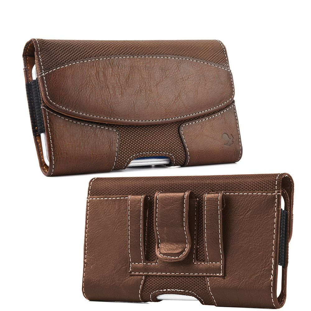 Belt Holster Case for Cricket Innovate E 5G - Horizontal Nylon PU Leather Hybrid Magnetic Carrying Pouch - Brown