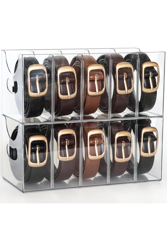 Belt Organizer - 2 Pack Clear Stackable Belt holder For Closet Drawer Storage - 5 Compartments with Removable Dividers, Multi-Purpose Display Bins With Inserts For Ties,Socks,underwear (2)