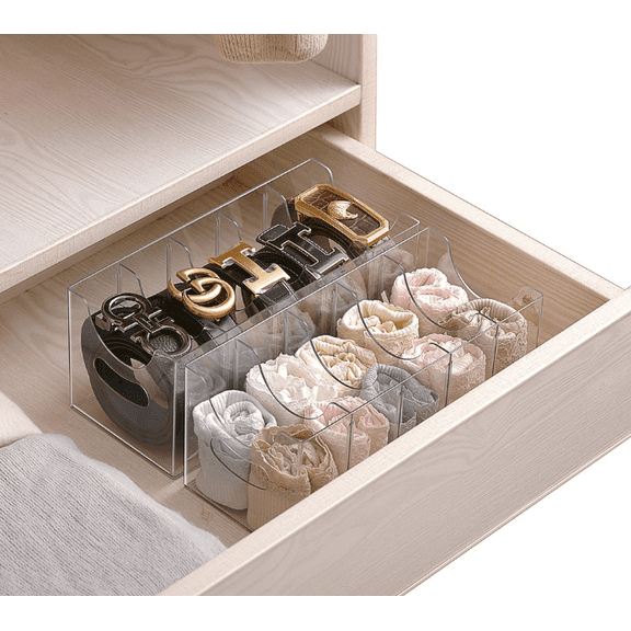 Belt Organizer 2 Pack Clear Stackable Storage Bins for Closet Drawer – 5 Compartments with Removable Dividers – Multi-Purpose Display Containers for Ties, Socks, Underwear