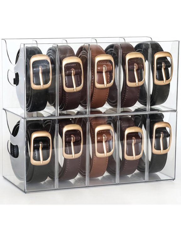 Belt Organizer - 2 Pack Clear Stackable Belt holder For Closet Drawer Storage - 5 Compartments with Removable Dividers, Multi-Purpose Display Bins With Inserts For Ties,Socks,underwear (2)