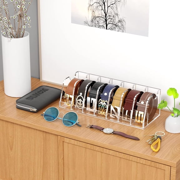 Belt Organizer Acrylic Clear Case Storage Holder for Closet and Drawer, 7 Compartments Tie Box Container with Display Stand