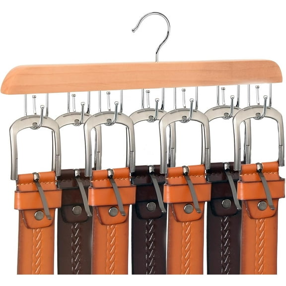 Belt Organizer,Belt Hanger for Closet,Belt Holder for Storage, Sturdy Wood Tie Belt Rack for Closet Organizer,14 Rotatable Hooks Belt Storage Organizer for Tie Tank Tops,Camisoles,1pc