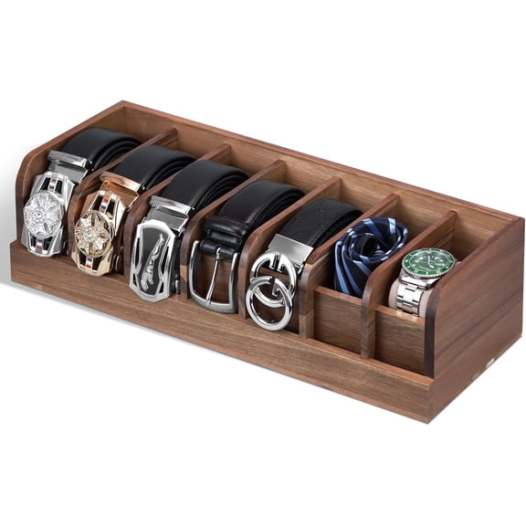 Belt organizer, 7 compartment belt holder belt hanger closet and belt organizer for drawer,belt rack, belt storage organizer, belt hangers for men and women (Acacia wood)