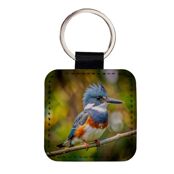 Belted Kingfisher Backyard Bird Faux Leather Square Keychain