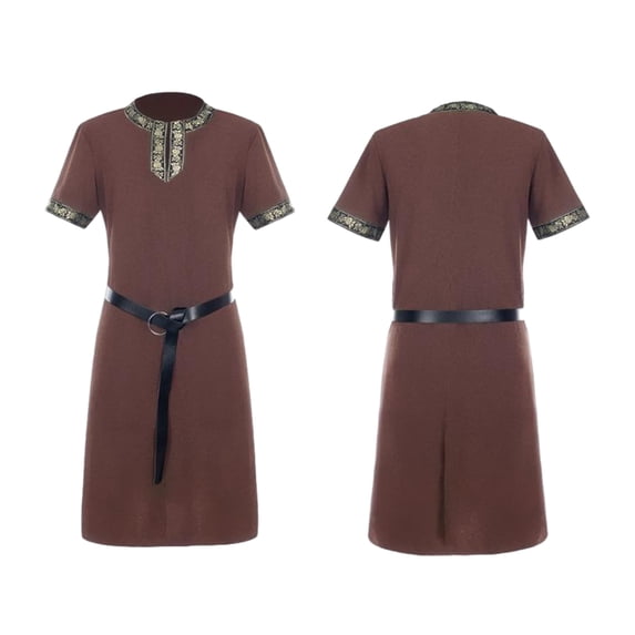 Belted Medieval Costume, Short Sleeve Historical Outfit, Short Sleeve Medieval Viking Tunic, Gold Embroidery Collar Renaissance Warrior Costume Top With Belt, Multi Color Larp Cosplay Shirt, Brown S