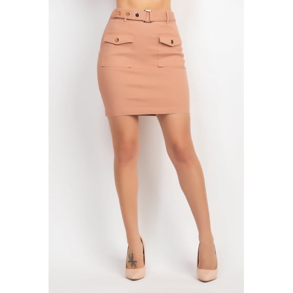 Belted Pocket Solid Mini Skirt Light Caramel
