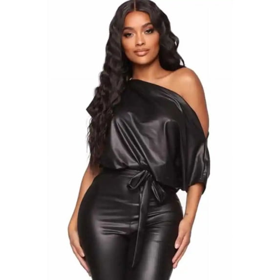 Belted Sexy PU Faux Leather Jumpsuit (S, Brown)