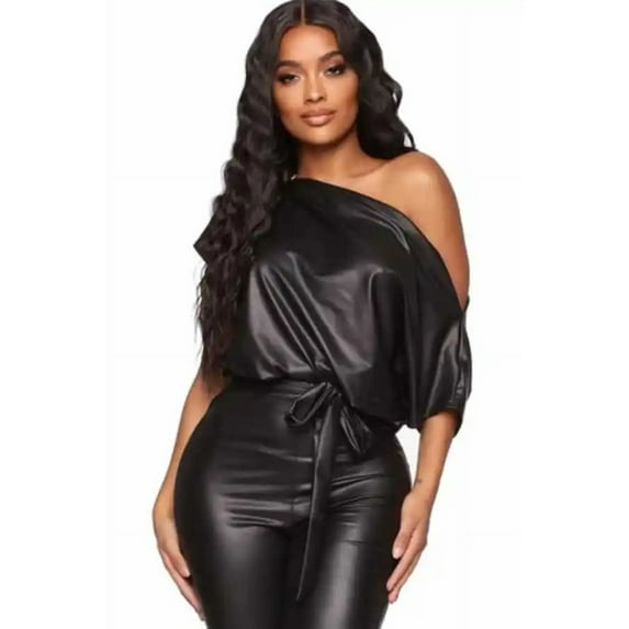 Belted Sexy PU Faux Leather Jumpsuit (XL, Black)