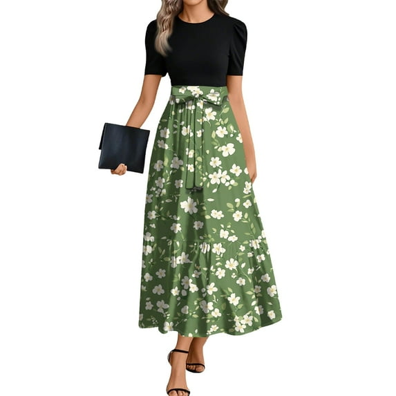 Belted Waist Floral Dress Polyester, Tiered Women Wedding Guest Maxi Dresses for 2025 Spring with Sleeves Chic Smocked Midi Cocktail Dinner Black Graduation Flowy College Green S