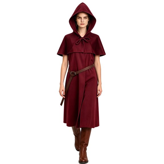 Belted Wizard Larp Costume, Hooded Medieval Ranger Robe Tunic With Shoulder Capelet, Belted Long Wizard Surcoat for Halloween Renaissance Larp Cosplay, 5 Color Soft Woven Fantasy Costume Robe, Wine M