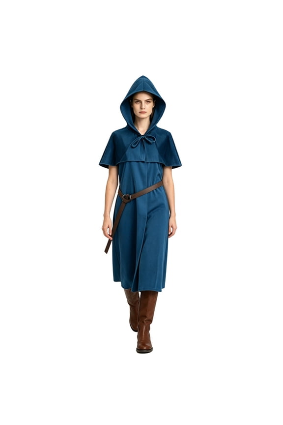 Belted Wizard Larp Costume, Hooded Medieval Ranger Robe Tunic With Shoulder Capelet, Belted Long Wizard Surcoat for Halloween Renaissance Larp Cosplay,Soft Woven Fantasy Costume Robe, Dark Blue M