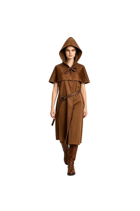 Belted Wizard Larp Costume, Hooded Medieval Ranger Robe Tunic With Shoulder Capelet, Belted Long Wizard Surcoat for Halloween Renaissance Larp Cosplay,Soft Woven Fantasy Costume Robe, Brown M