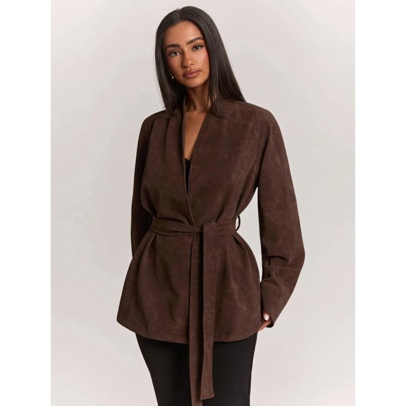 Belted Wrap Coat with Deep V-Neckline and Long Sleeves