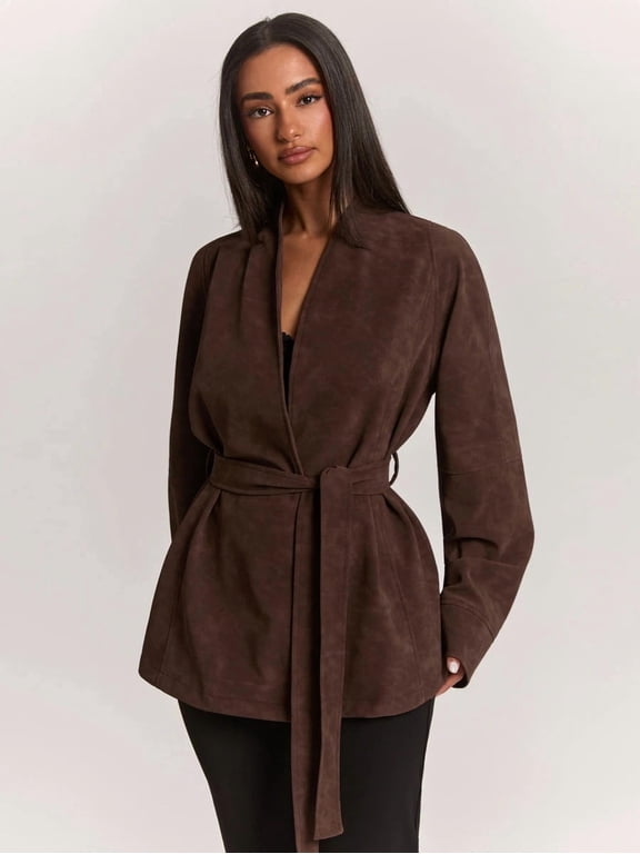 Belted Wrap Coat with Deep V-Neckline and Long Sleeves