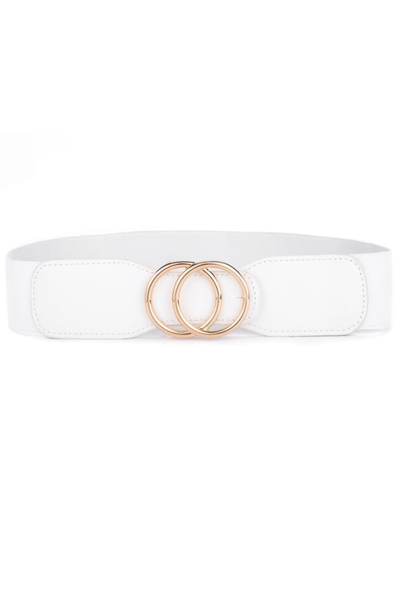 Beltox Women’s Elastic Waist Belt w Double Gold Ring White 27-35"