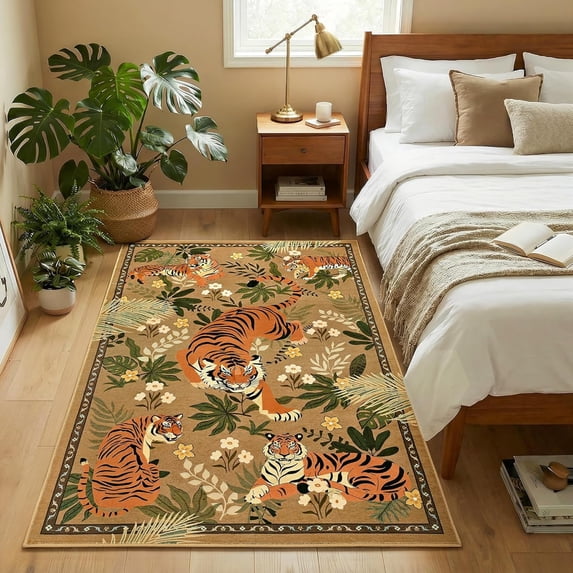 Beltran 3x5 Washable Tiger Area Rug – Vintage Safari Non Slip Carpet, Boho Camel Print Rug for Living Room Bedroom Entryway, Easy Clean