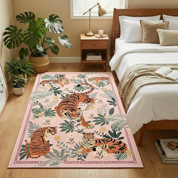 Beltran 3x5 Washable Tiger Area Rug – Vintage Safari Non Slip Carpet, Boho Pink Print Rug for Living Room Bedroom Entryway, Easy Clean